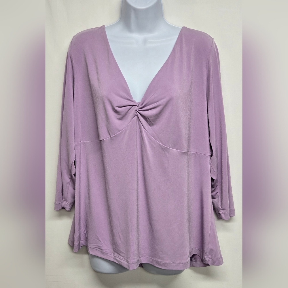 Mix It 3X Pullover Slinky Stretch Knit Top  Twist Front V Neck 3/4 Sleeve Orchid
